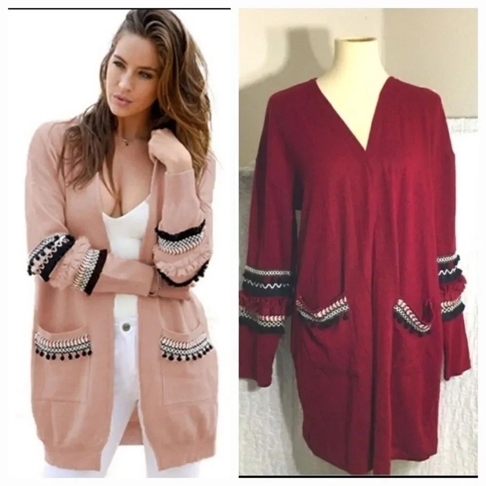 Hipster Row Burgandy Pom Pom Fringe  Cardigan Size XL